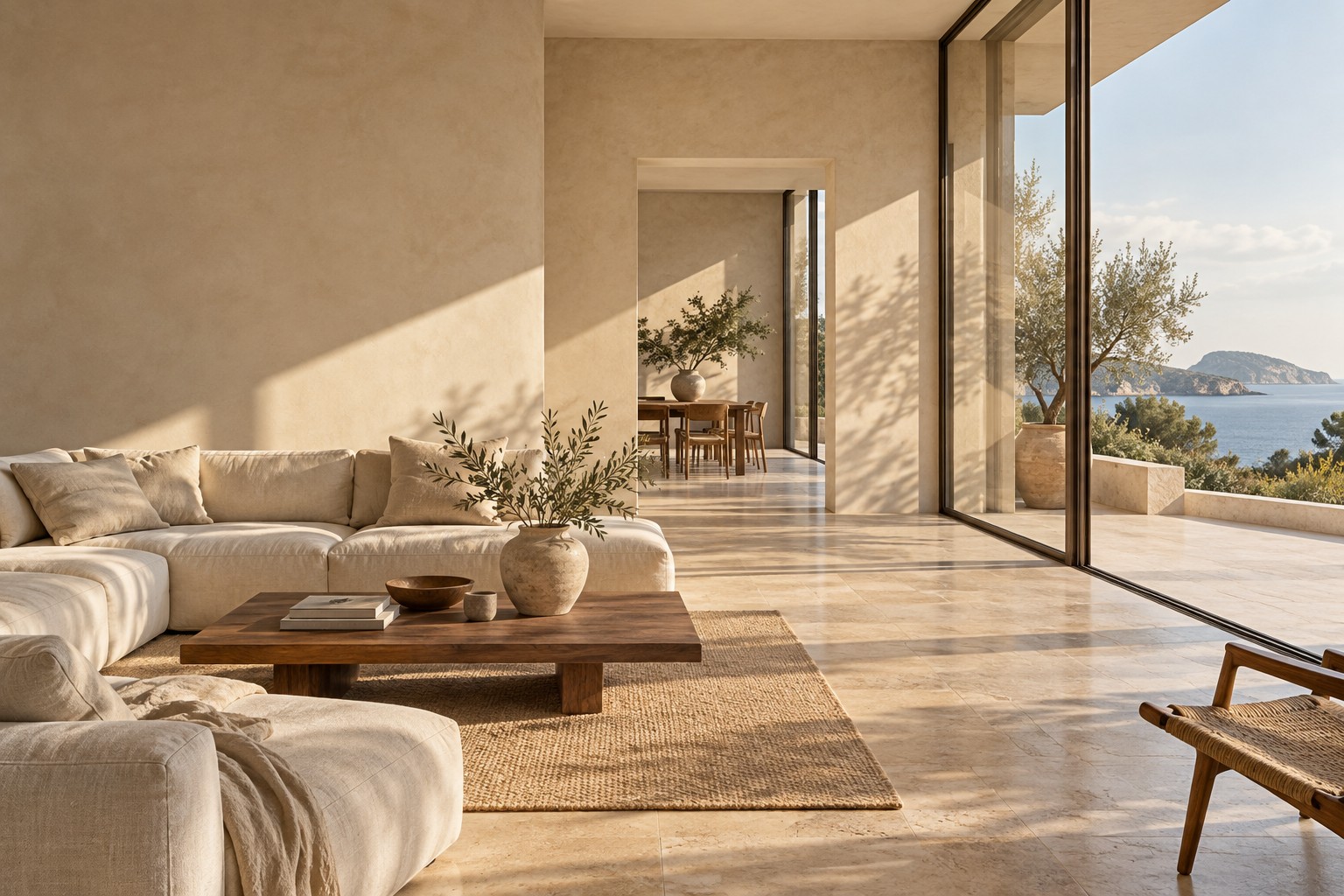 Sunlit contemporary living room with natural materials and floor-to-ceiling windows